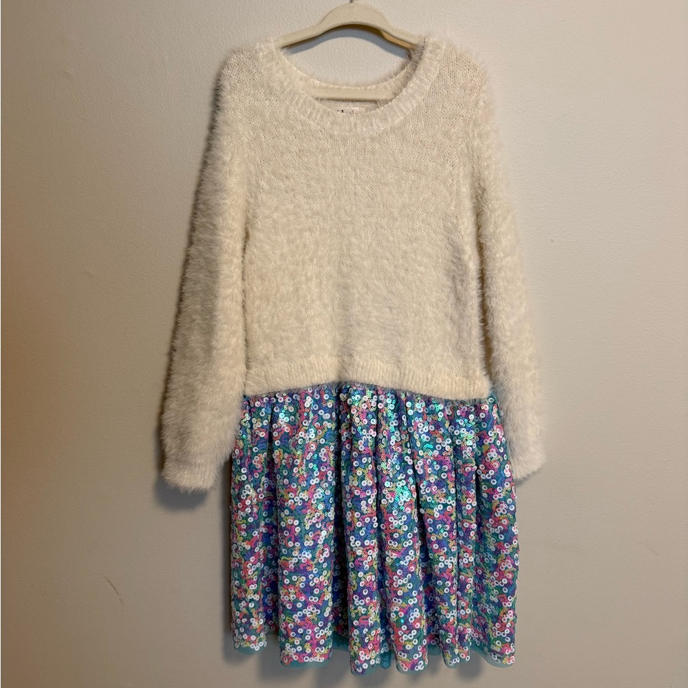 Hatley Cream Fuzzy Sweater Dress with Purple Sequin Floral Skirt